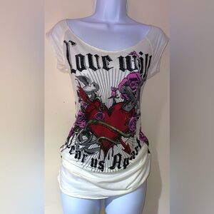 New Y2K vintage tee crash & burn bling graphic tee rhinestone heart rose love